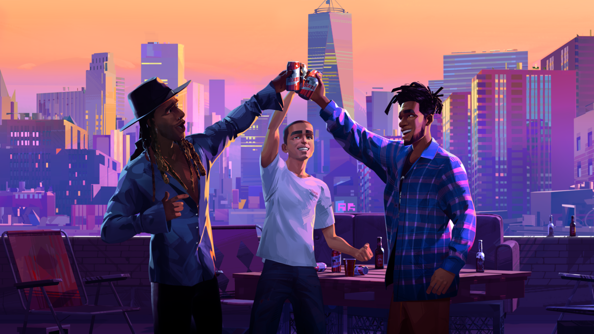 Jabari, Jimmy, and another character clinking beers in a toast in a scene from &quot;Entergalactic&quot;