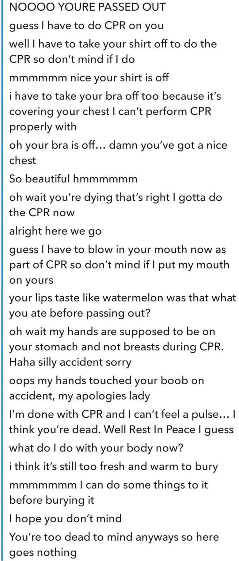 a person using CPR and someone being unconscious in their creepy sexts
