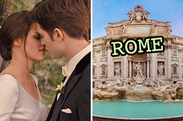 On the left, Bella and Edward from Twilight kissing on their wedding day, and on the right, the Trevi Fountain labeled Rome