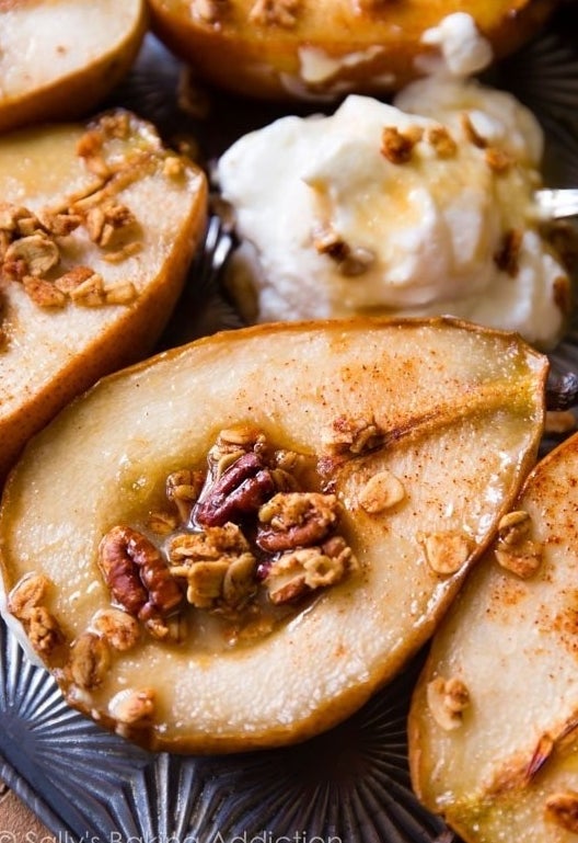 Maple baked pears with vanilla ice cream.