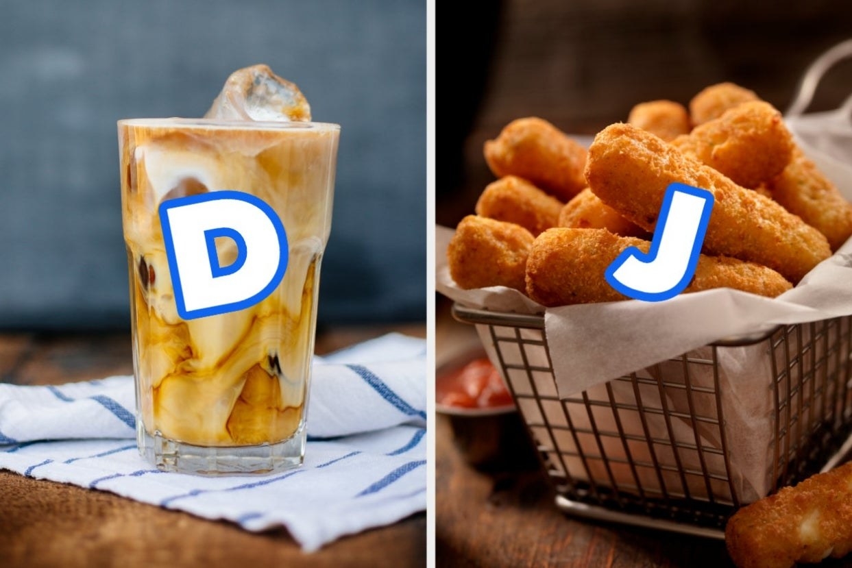 On the left, an iced coffee in a glass with the letter D typed on top of it, and on the right, a basket of mozzarella sticks with the letter J typed on top