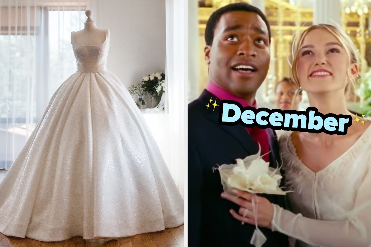 On the left, a strapless wedding gown on a mannequin, and on the right, Peter and Juliet from Love Actually on their wedding day labeled December