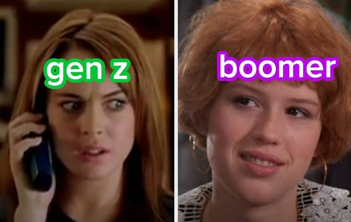 On the left, Lindsay Lohan holding a phone to her ear as Cady in Mean Girls labeled gen z, and on the right, Molly Ringwald as Andie in Pretty in Pink labeled boomer