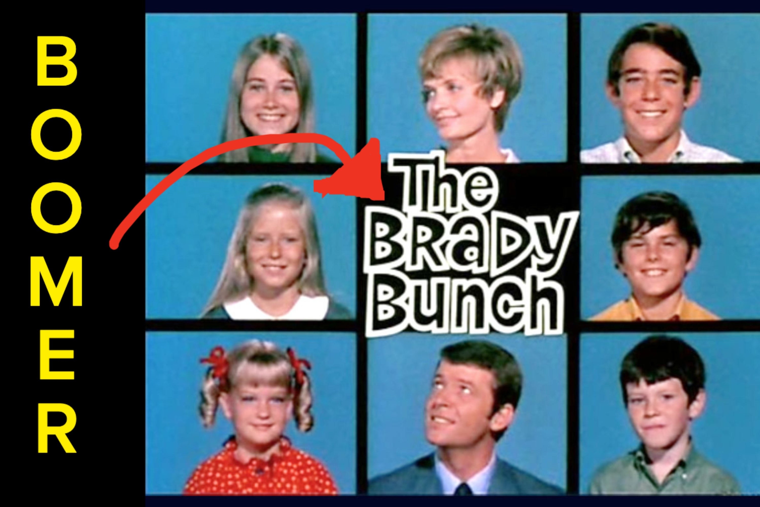 The Brady family in The Brady Bunch intro with boomer typed on the side of all of their faces