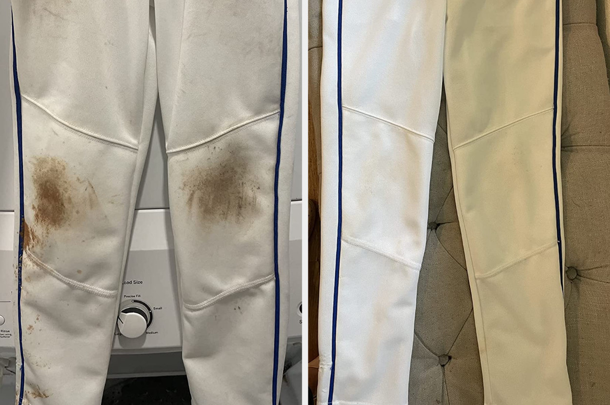 A reviewer's white baseball pants before, stained with dirt and mud, and after with no stains
