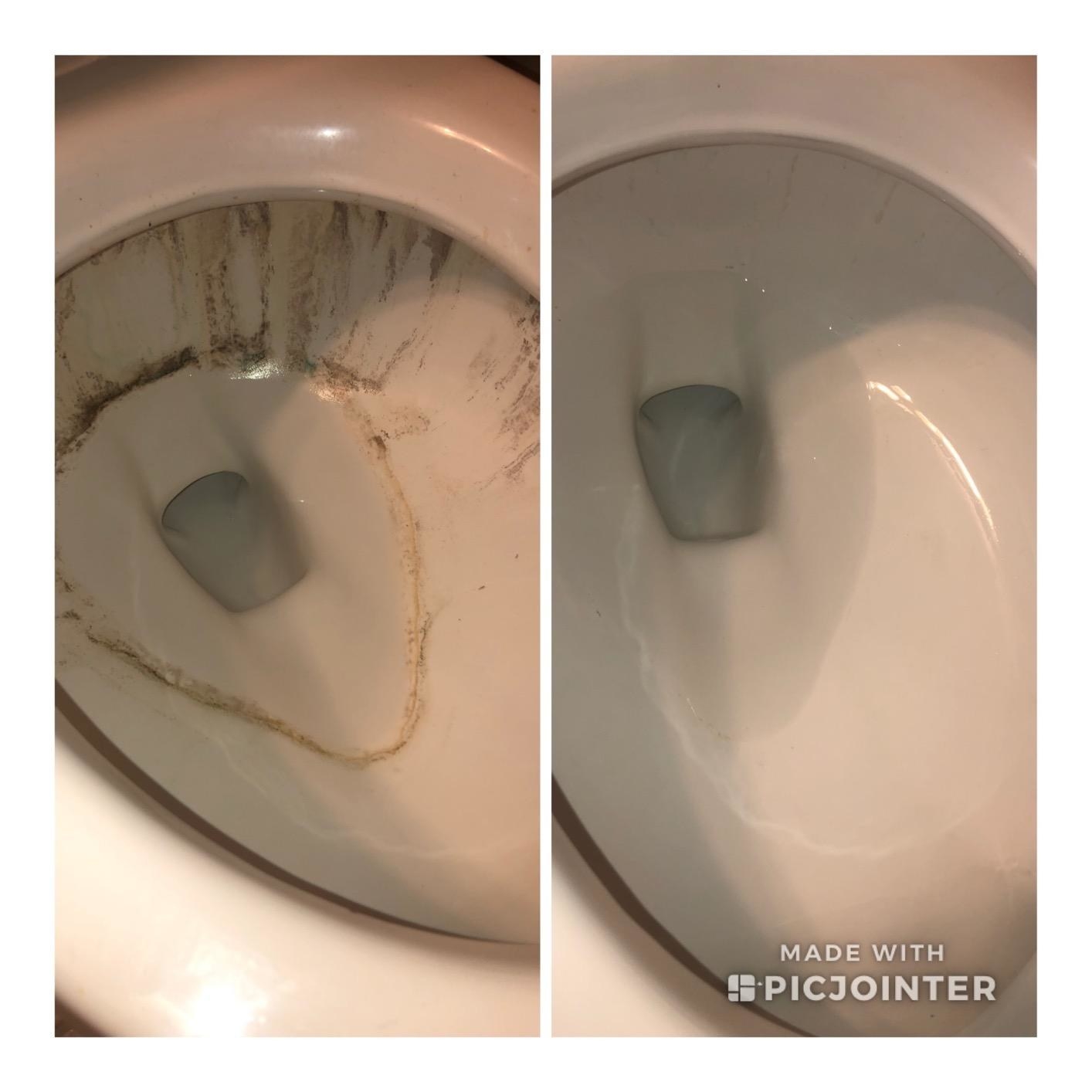 On the left: A review image of a toilet with many brown stains; on the right: The same toilet sparkling clean