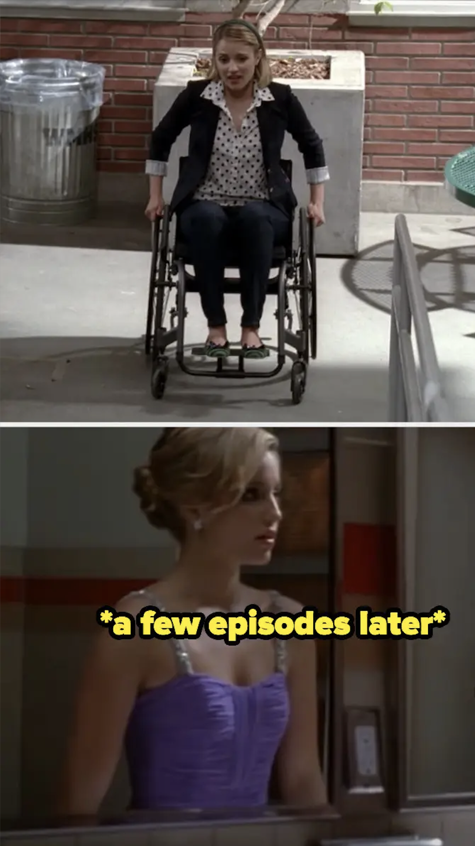 Quinn in the wheelchair and then later standing at the bathroom mirror