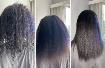 BuzzFeed writer's hair curly, blow dried, then shiny and straightened from the Chi serum