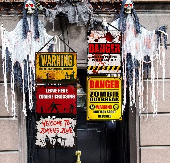 Letreros de que avisan sobre peligro de zobies, decoración para hallowen