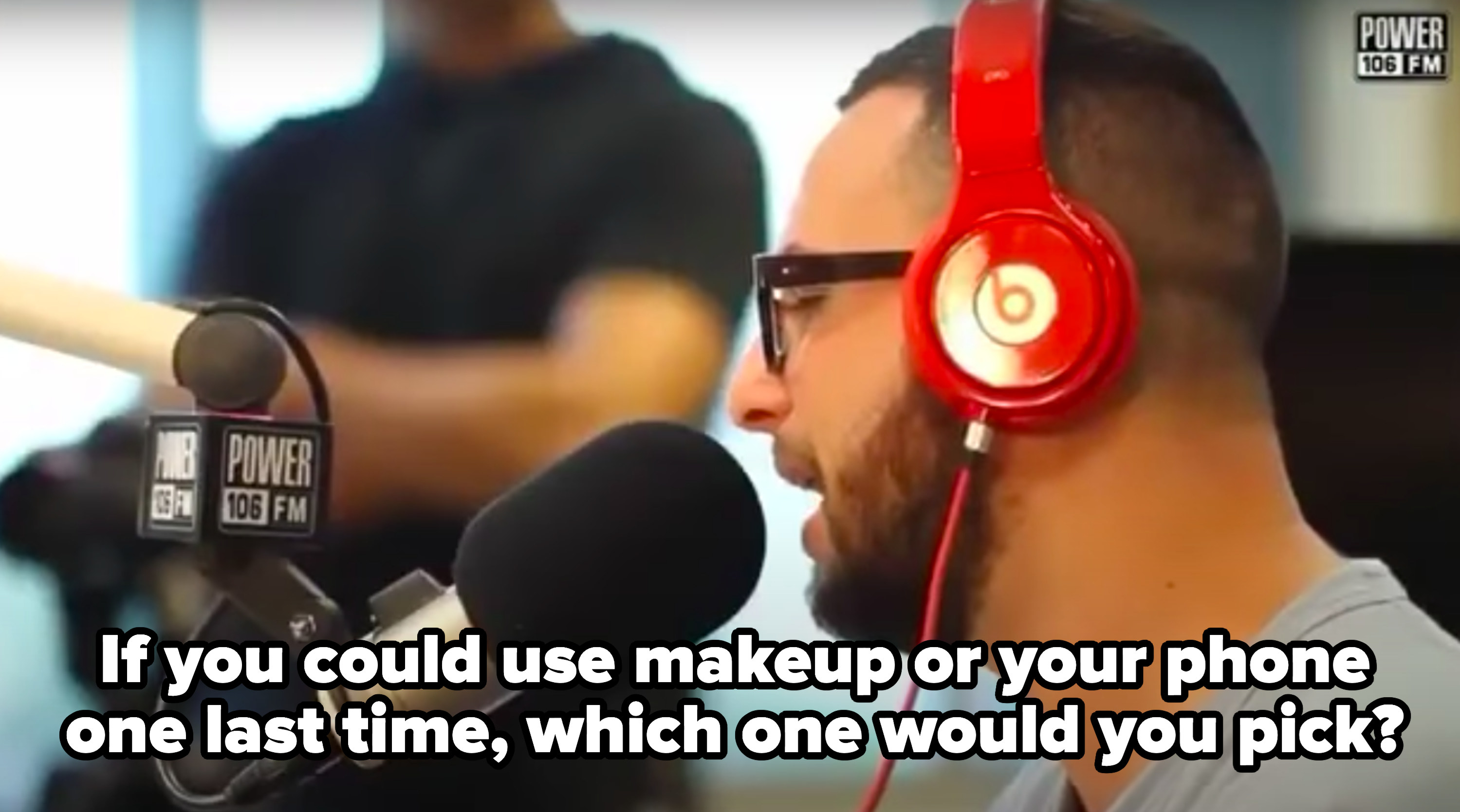 The host asks Ariana &quot;If you could use makeup or your phone one last time, which one would you pick?&quot;