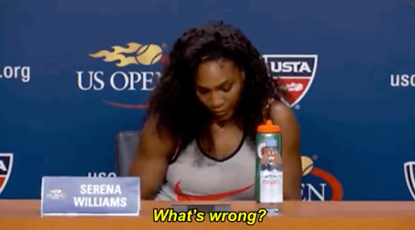 Serena puts her head down, and the reporter asks her what&#x27;s wrong