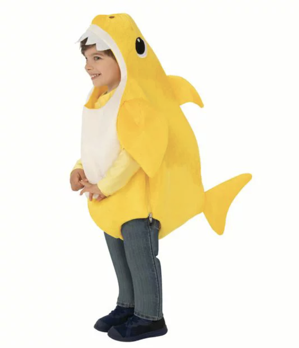 Yellow baby shark costume on toddler