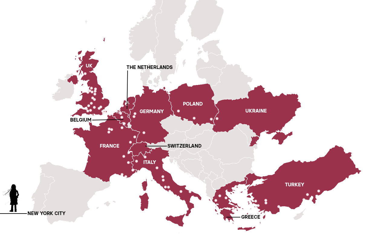 A map noting appearances in the UK, France, Belgium, the Netherlands, Italy, Switzerland, Germany, Poland, Ukraine, Turkey, Greece, and New York City