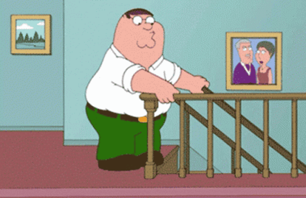 Peter Griffin in &quot;Family Guy&quot; falling down the stairs