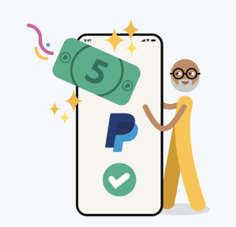graphic of person holding giant phone with PayPal symbol and $5 card