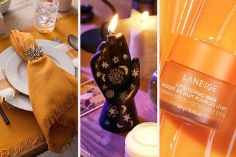 an autumnal table setting, a hand candle, and a lip mask