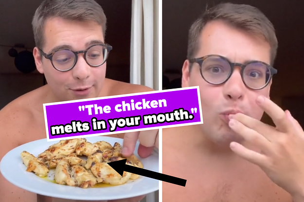 person holding plate of chicken with text: the chicken melts in your mouth, then licking their fingers after taking a bite