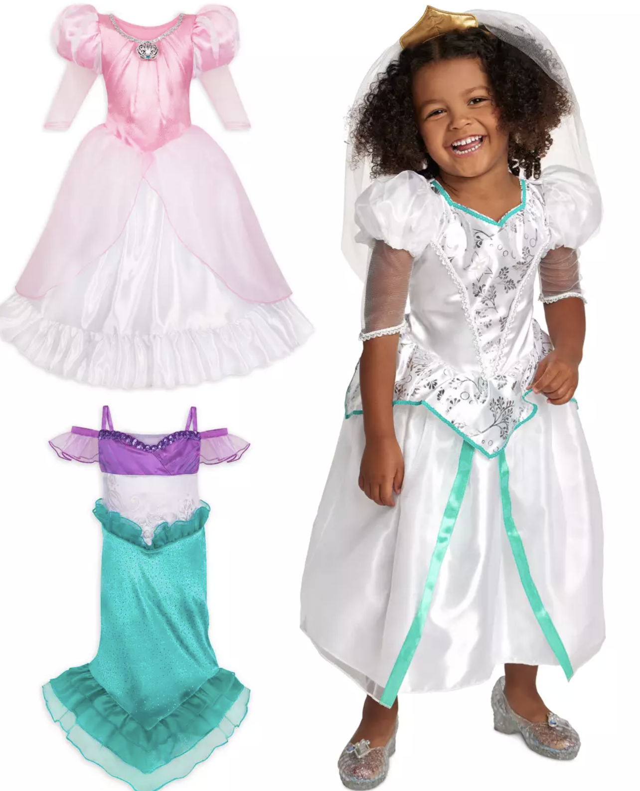 A child wearing an Ariel costume with two other options on the side