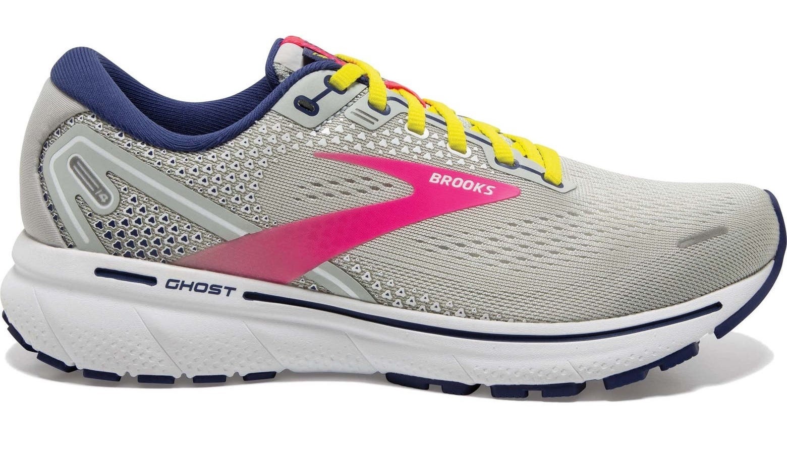 Side view of the sneaker in grey with pink, yellow and blue accents