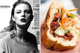 On the left, Taylor Swift on the Reputation album cover, and on the right, someone holding bánh mì
