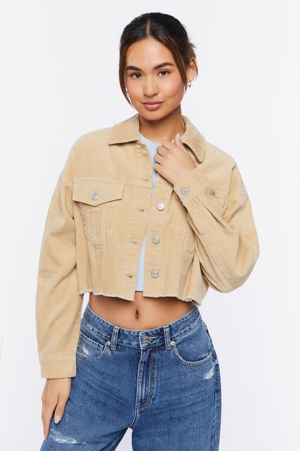 Model wearing the cropped corduroy jacket