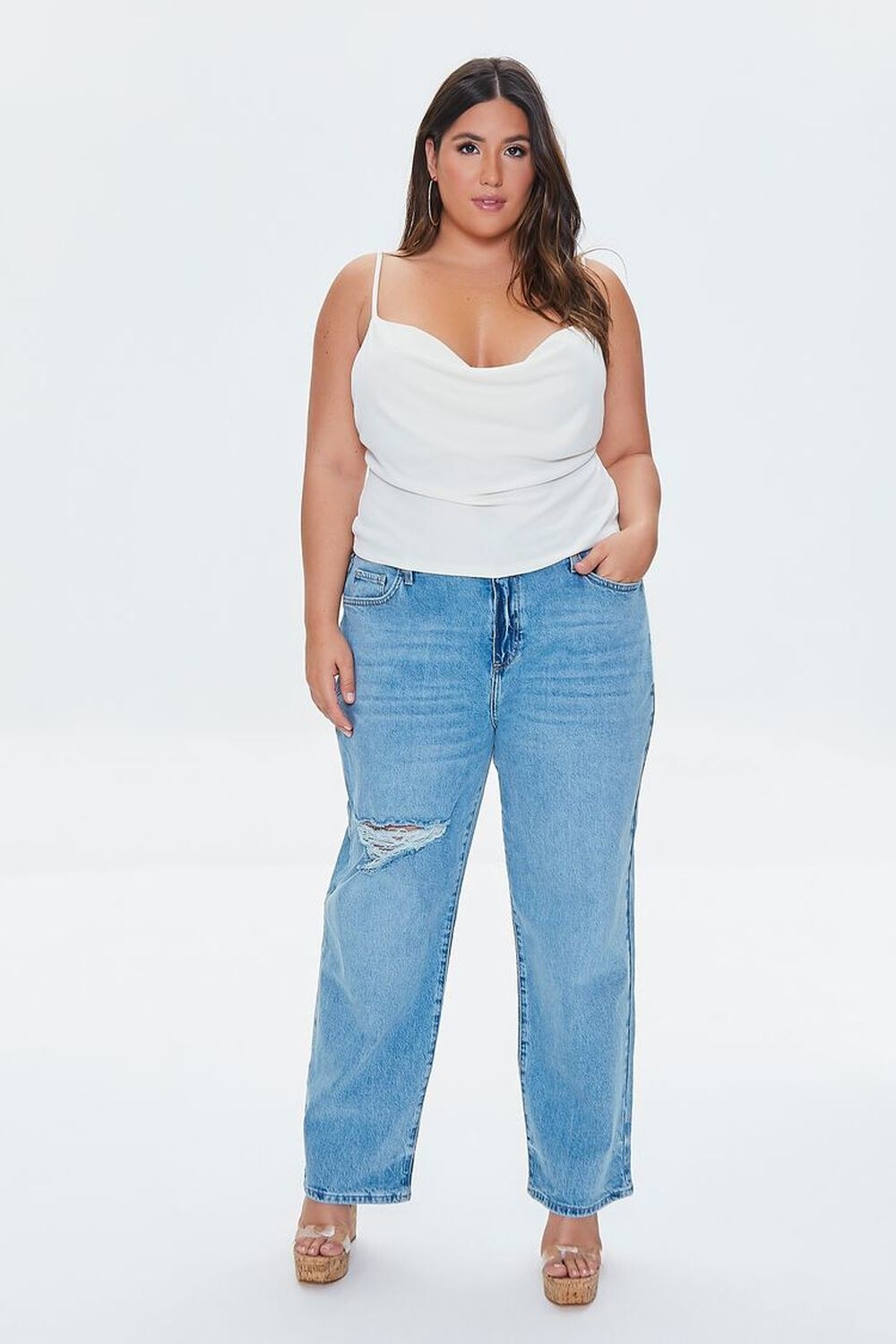 Model wearing the baggy-style jeans