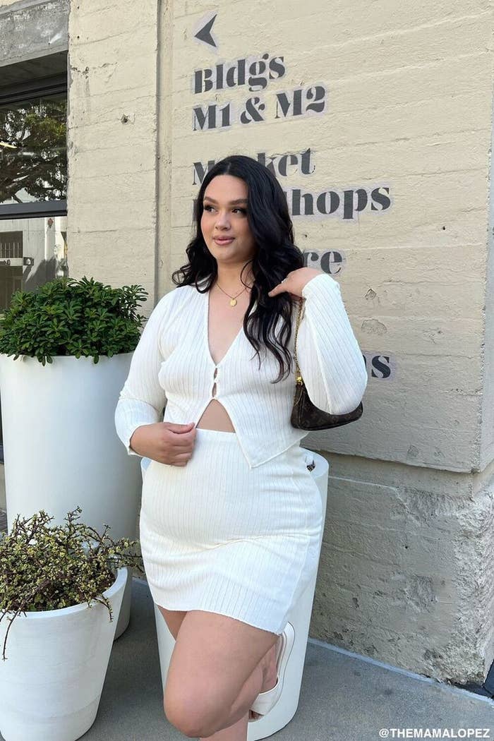Model wearing matching cardigan set in white