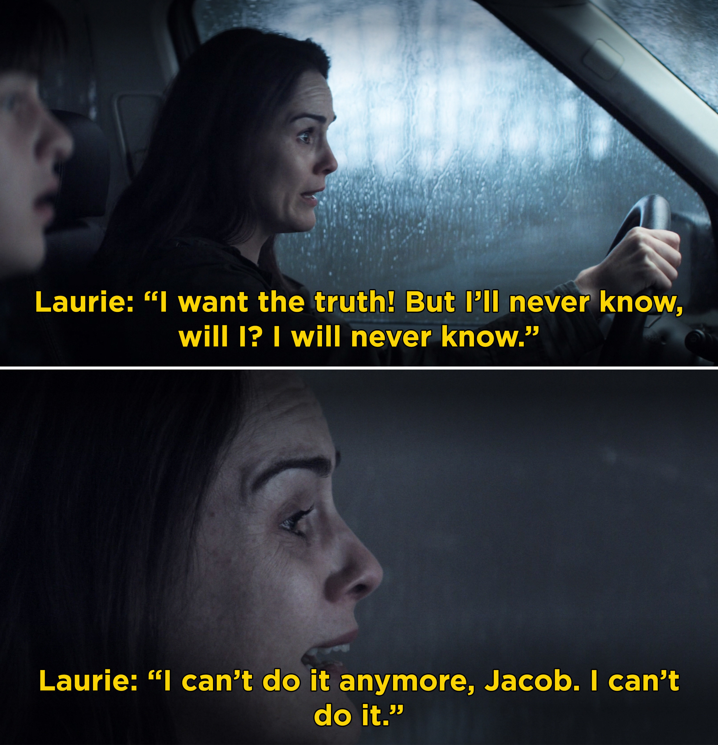 Laurie driving and saying she wants the truth from the death