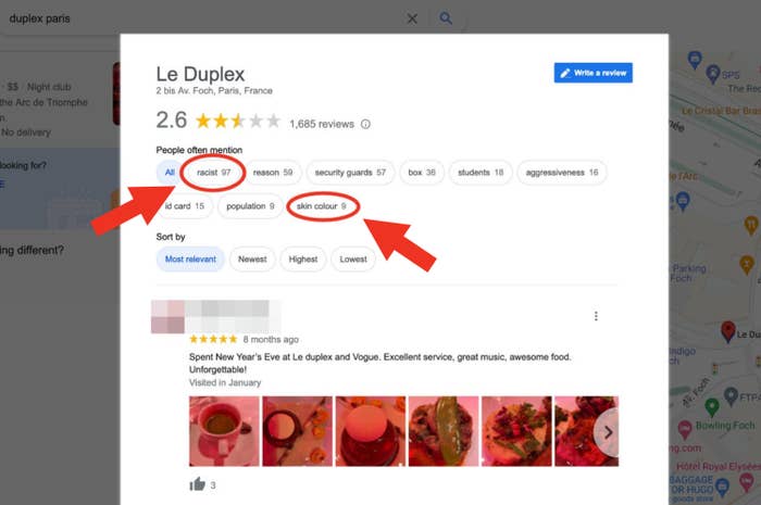 Google review of Paris nightclub where people often mention &quot;racist&quot; and &quot;skin color&quot;