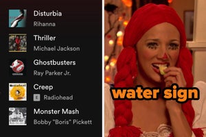 On the left, a Spotify playlist, and on the right, Ann from Parks and Rec dressed like Raggedy Ann labeled water sign
