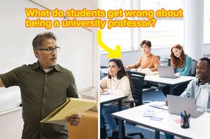 A professor holds a notebook and delivers a lecture, students sit in their seats and listen to their instructor