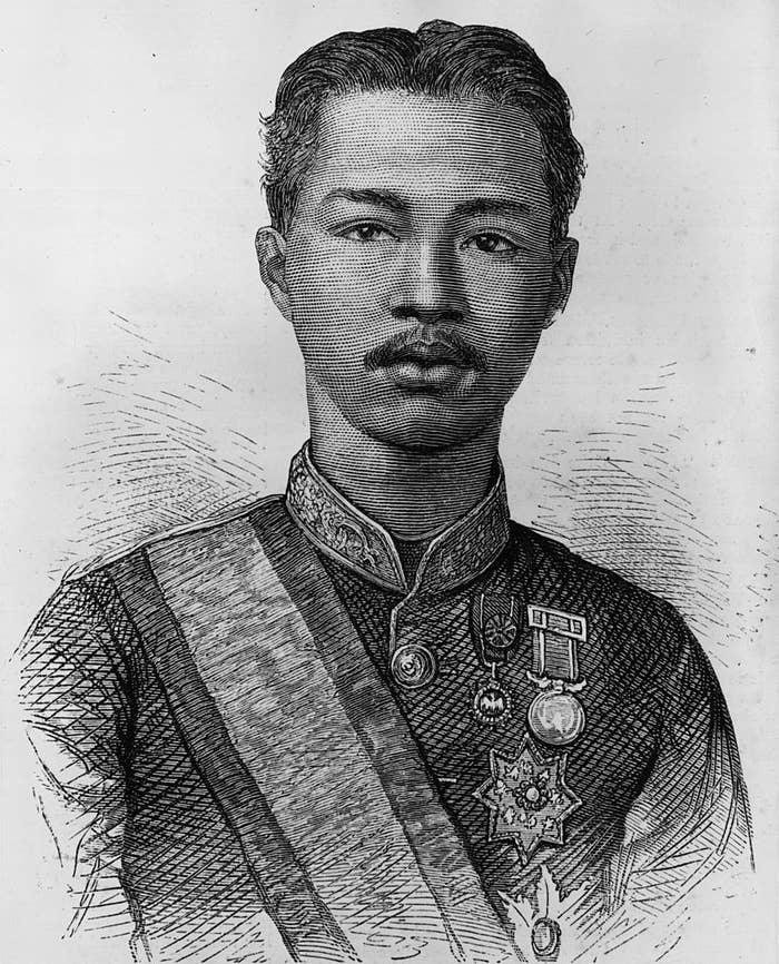 Drawing of a man with a small mustache in a uniform with medals on it