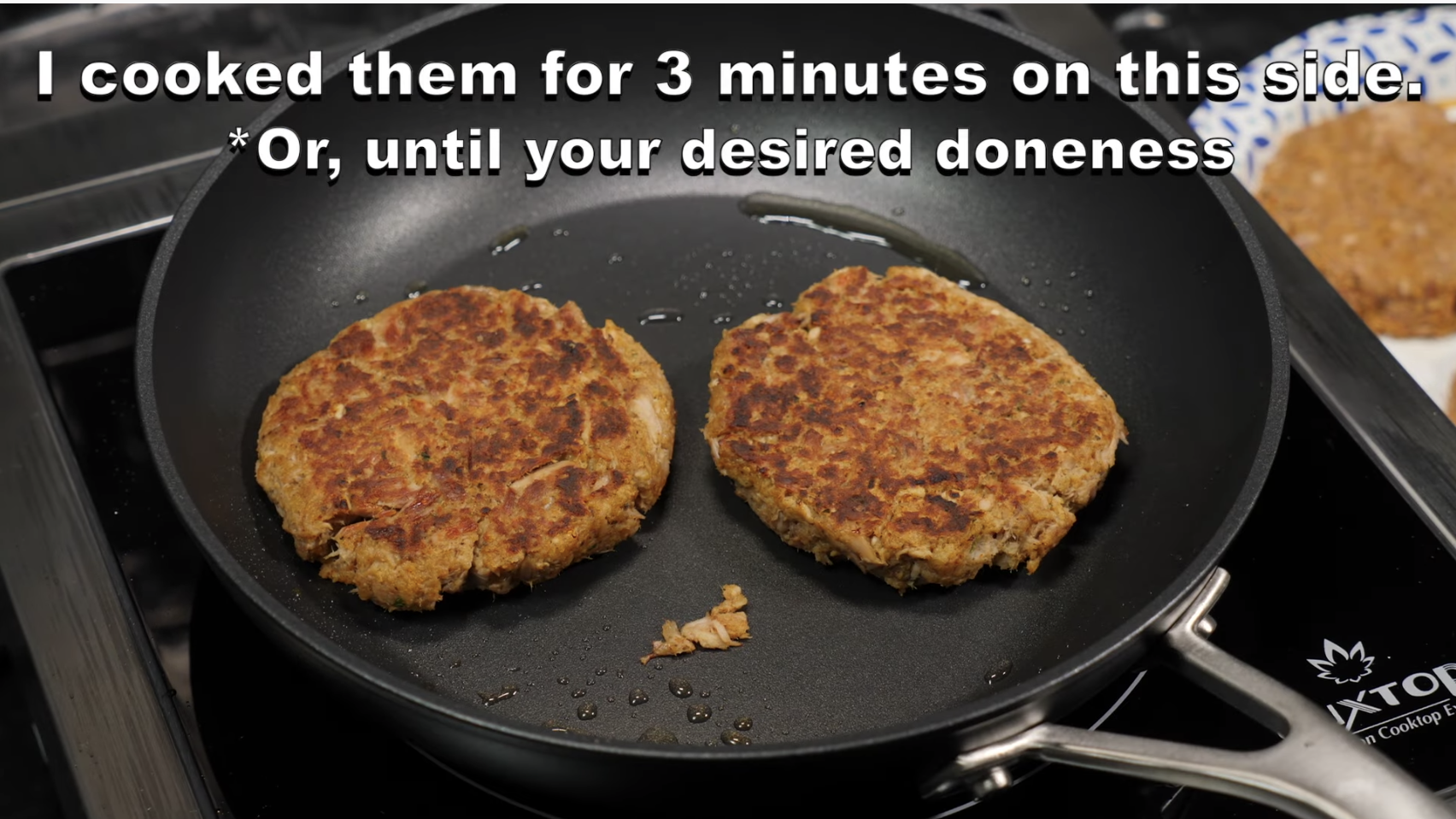 Tuna fritters cooking in a pan, with caption: &quot;I cooked them for 3 minutes on this side; or until your desired doneness&quot;