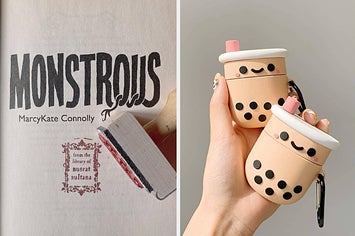 on the left a custom book personal library stamp, on the right a smiling bubble tea airpods case