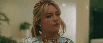 Florence Pugh looking confused and saying &quot;What do you mean?&quot;
