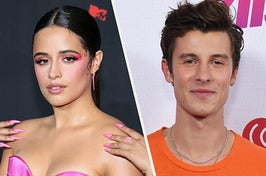 Camila Cabello wears a strapless pink dress with matching makeup and nails with her hair in a ponytail with baby hairs. Shawn Mendes wears an orange T-shirt with layered silver necklaces.