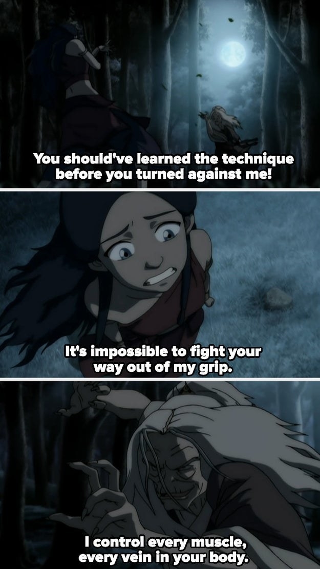 Katara being told it&#x27;s impossible to fight her way out of Hama&#x27;s grip