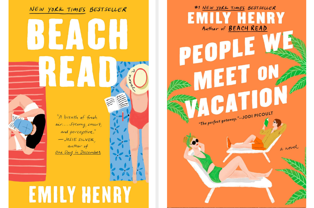 Two book covers; on the left: a man and woman reading on their own separate beach towels and on the right: a man and woman laying in pool lounge chairs