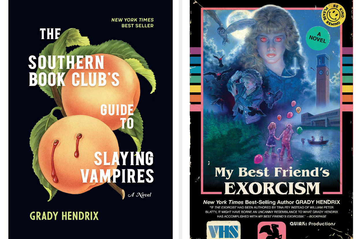 Two book covers; on the left: two peaches where one has bleeding fang marks and on the right: a mock VHS tape cover with a possessed young girl