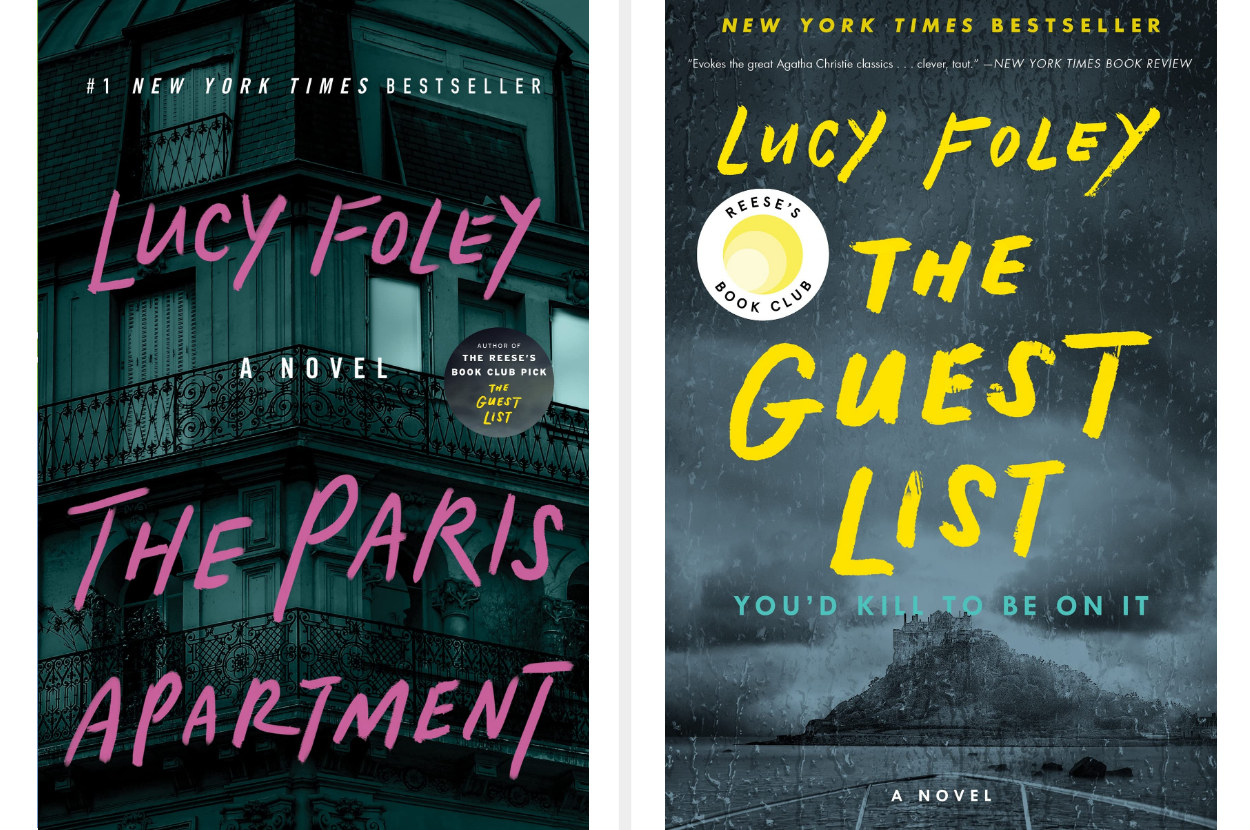Two book covers; on the left: the exterior of an apartment building and on the right: a boat pulling up to an island while it&#x27;s raining