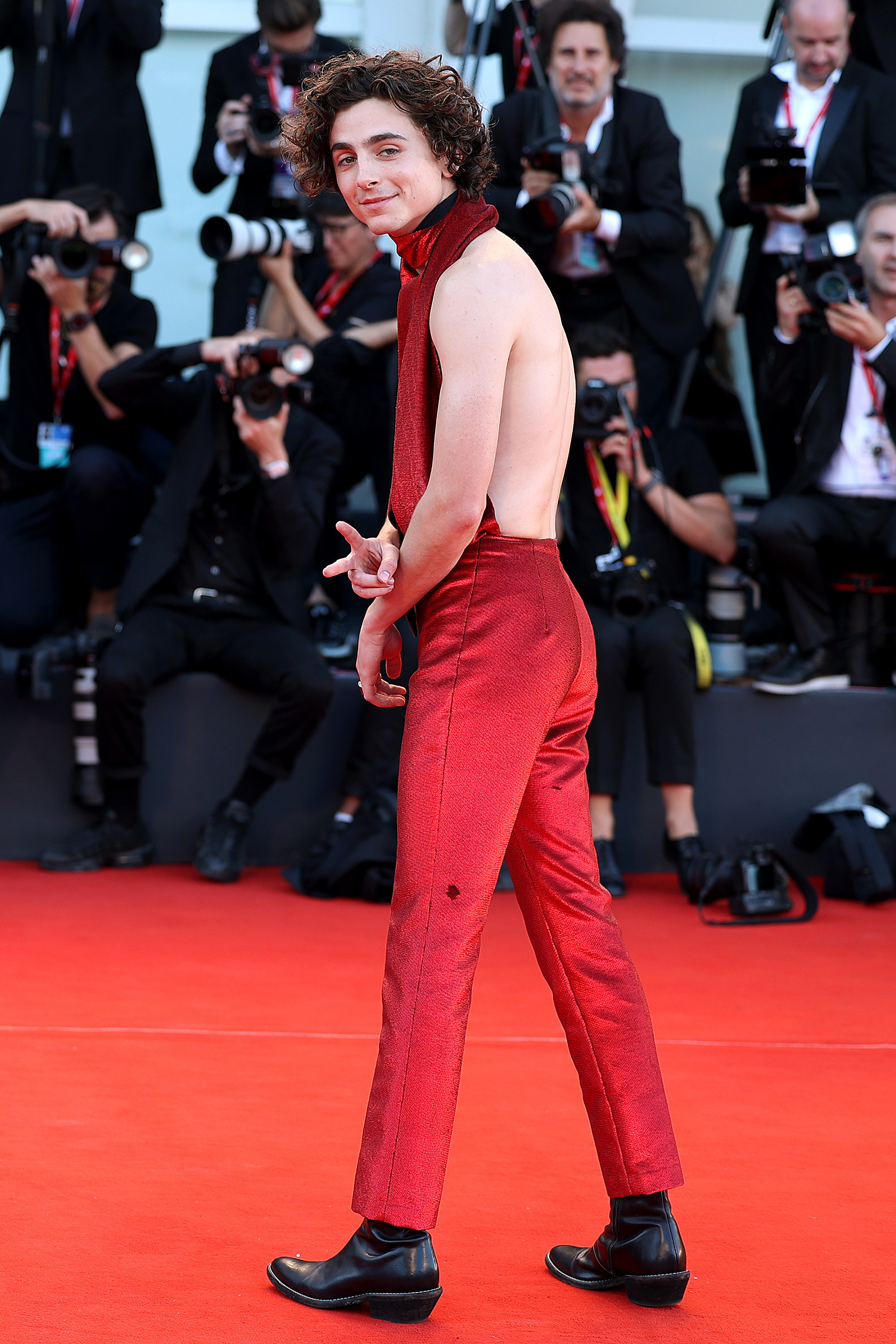 timotee smiling in the outfit on the red carpet