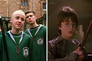Draco is on the left with Harry on the right at Hogwarts