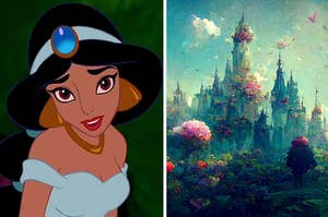 Jasmine is on the left with a magical kingdom on the right