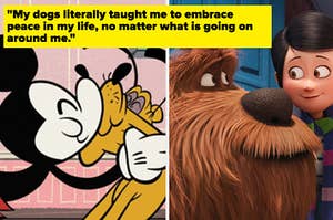 右边迪士尼的分裂图像是米老鼠亲吻他们的狗，在右边的一只狗的狗在电影中，名为《宠物的秘密生活》