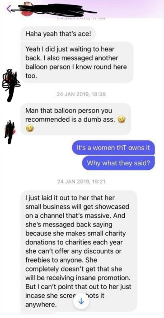 The influencer says the owner of a balloon company is a dumbass for not giving her balloons for free