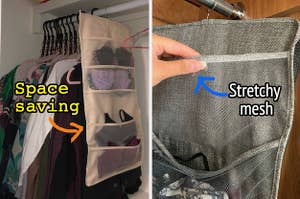 A reviewers organizer hanging in the closet filled with bras/A close up of the mesh pockets