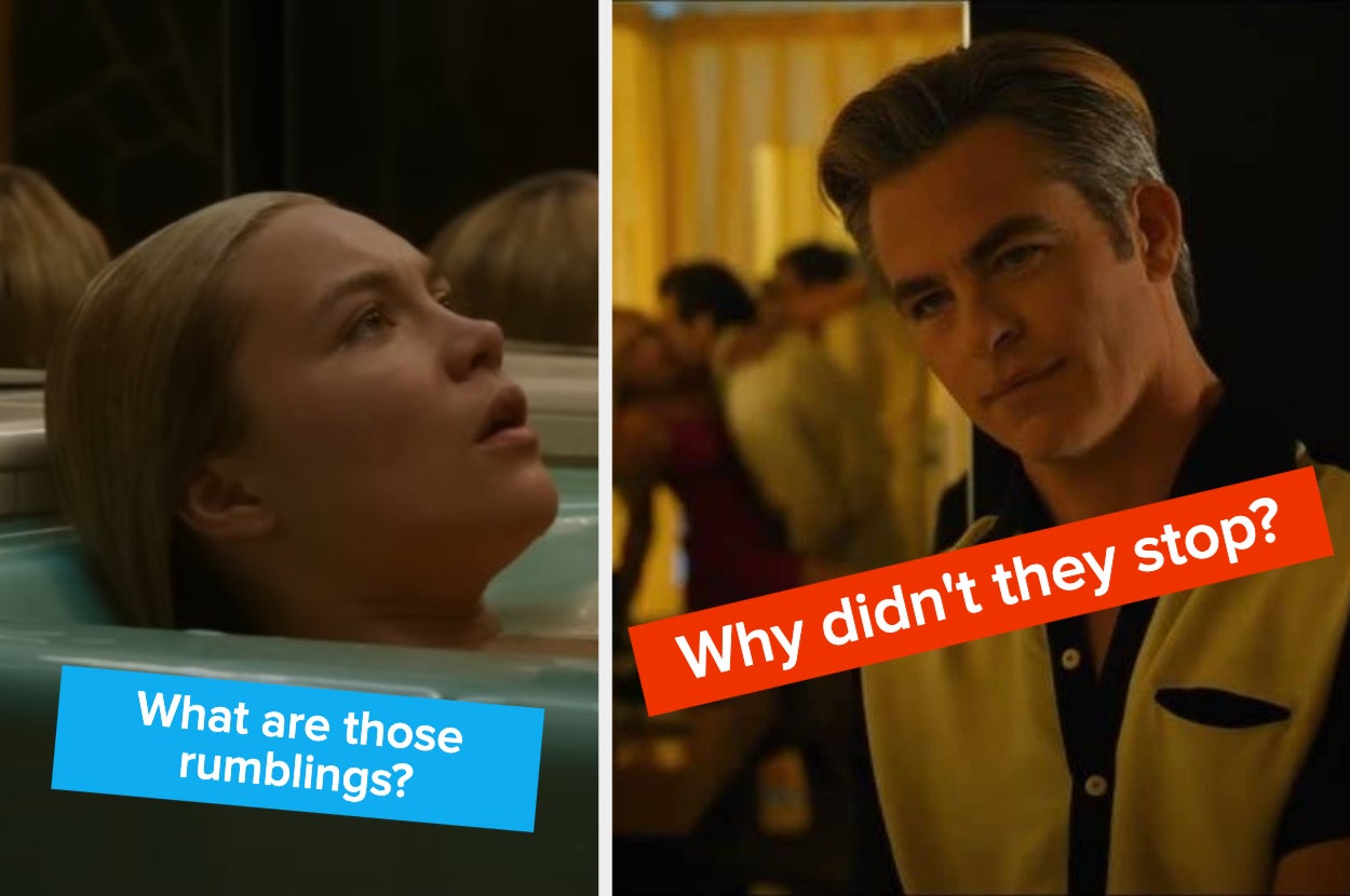 A split thumbnail, with one image showing Florence Pugh in the bath and one showing Chris Pine looking at Florence and Harry in character during an intimate moment