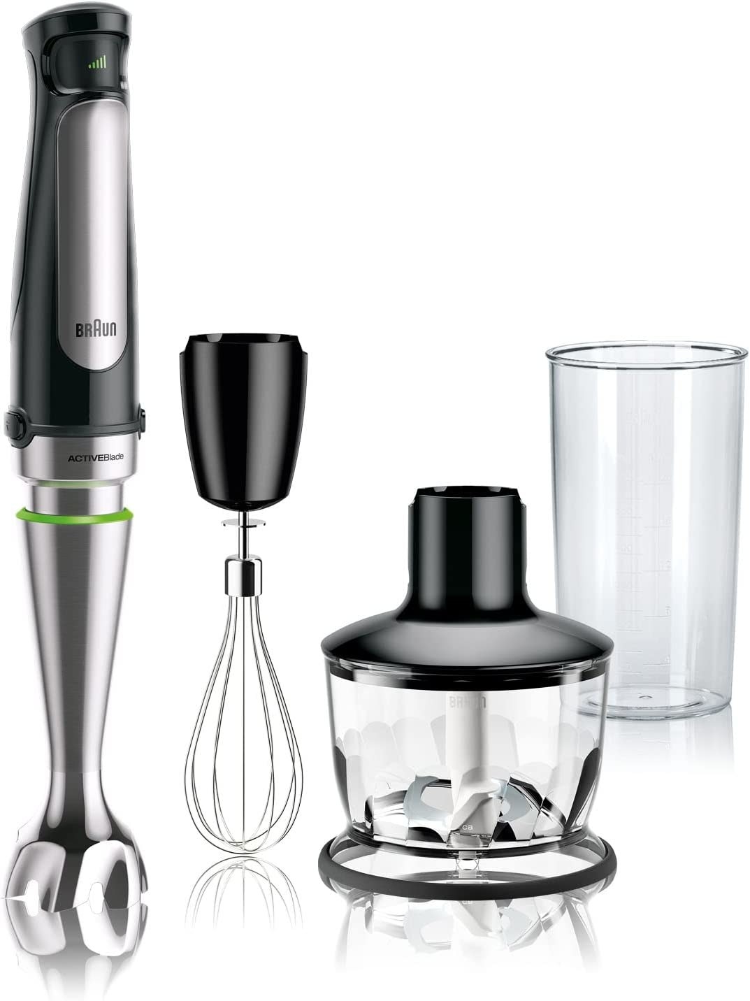 An immersion blender set containing a wisk attachment, a food processor attatchment and a plastic cup 