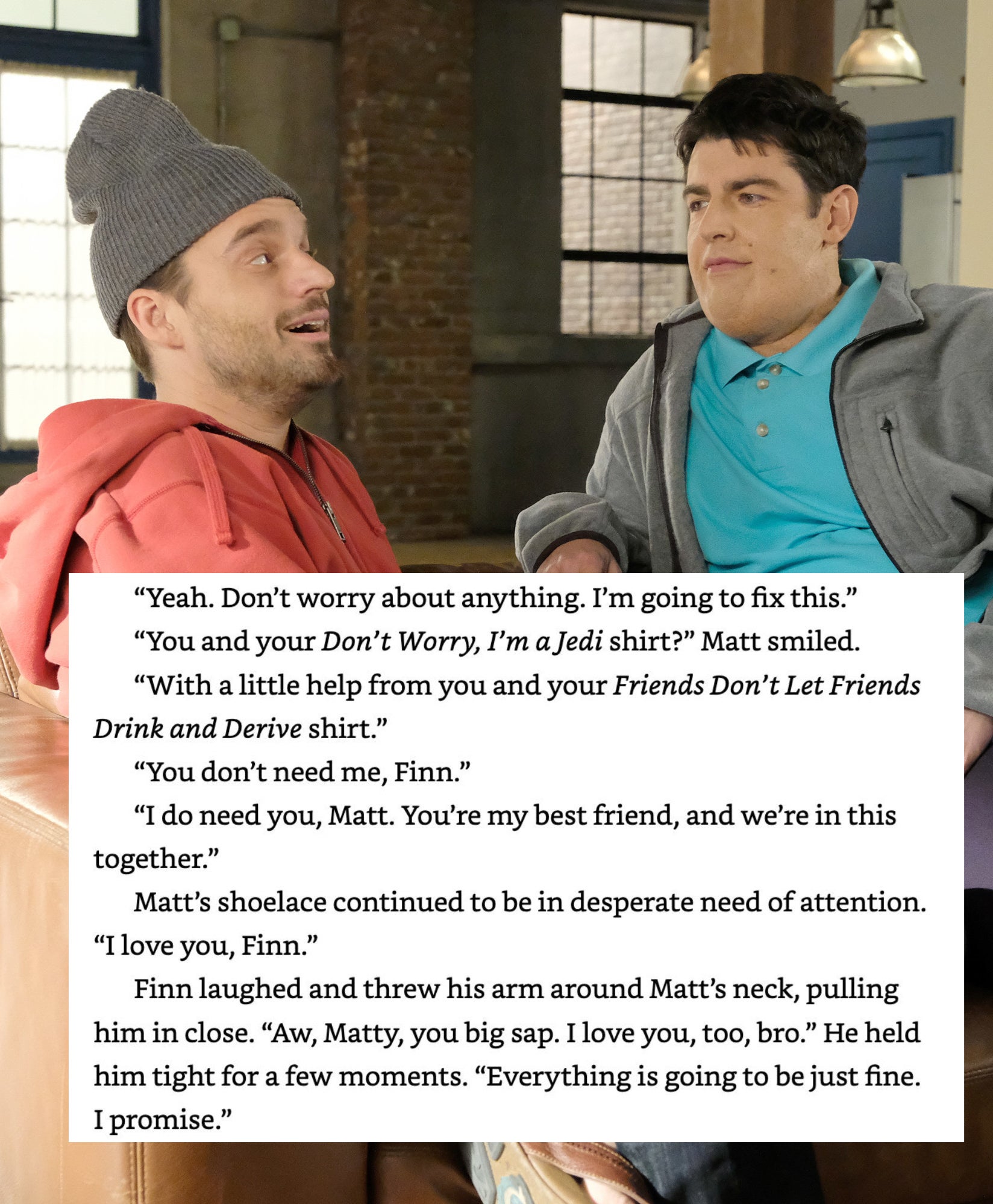 Jake Johnson and Max Greenfield in &quot;New Girl&quot; (insert) excerpt from Jessica Park&#x27;s &quot;Flat-Out Matt&quot;