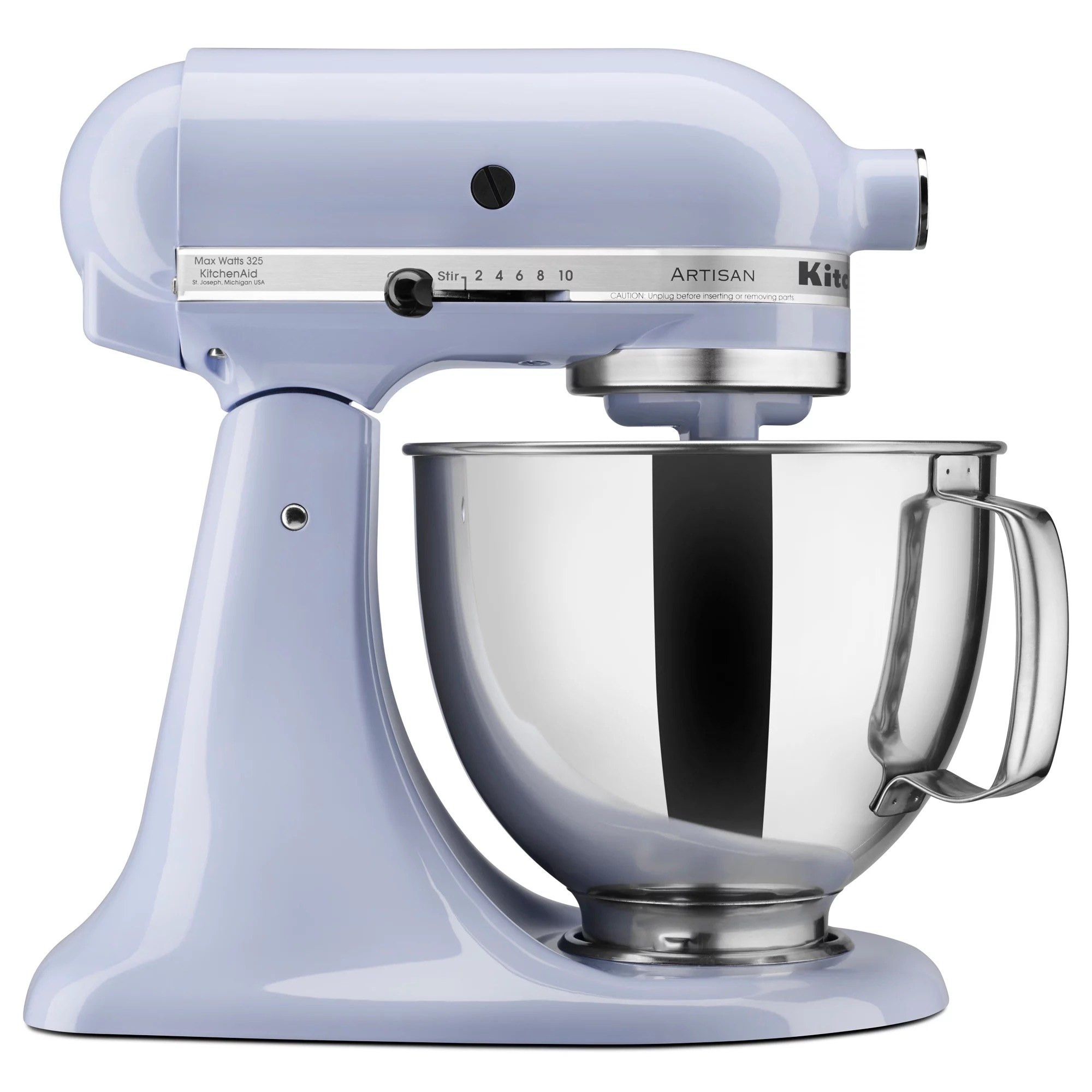 A periwinkle colored stand mixer with a silver bowl